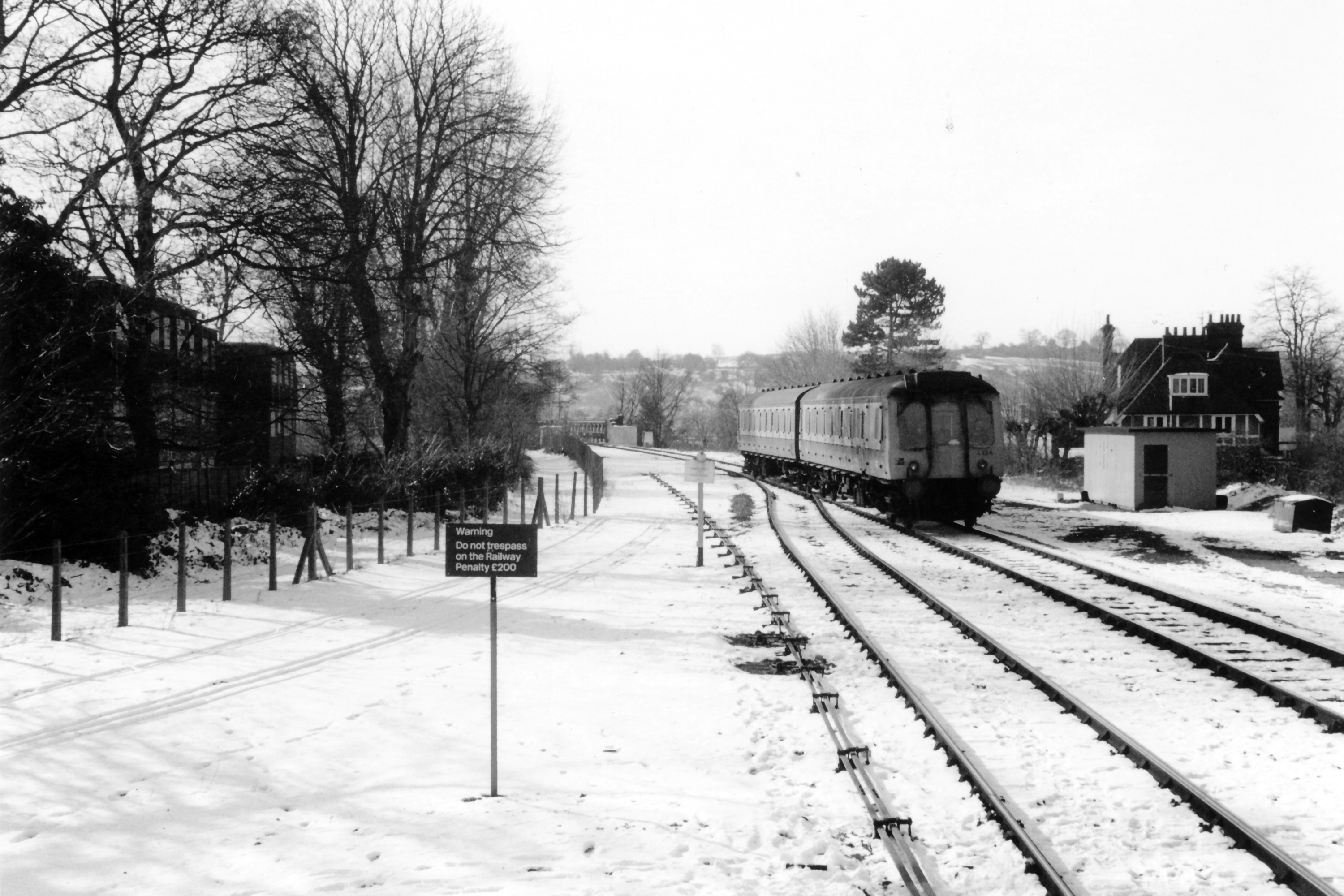 55034 plus a driving trailer arriving at a snowy Bourne End 
